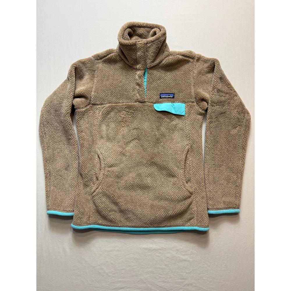 Womens Patagonia Synchilla Snap T Fleece Pullover Tan XS Teal Trim‎